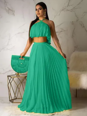 2 Piece Boho Off Shoulder Crop Top Pleated Skirts Sets