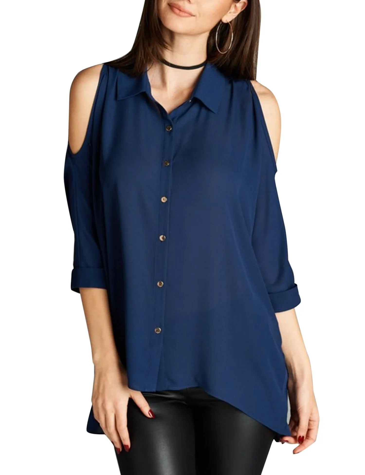 3/4 Sleeve Collar Button Down Cold Shoulder Chiffon Blouse Shirts