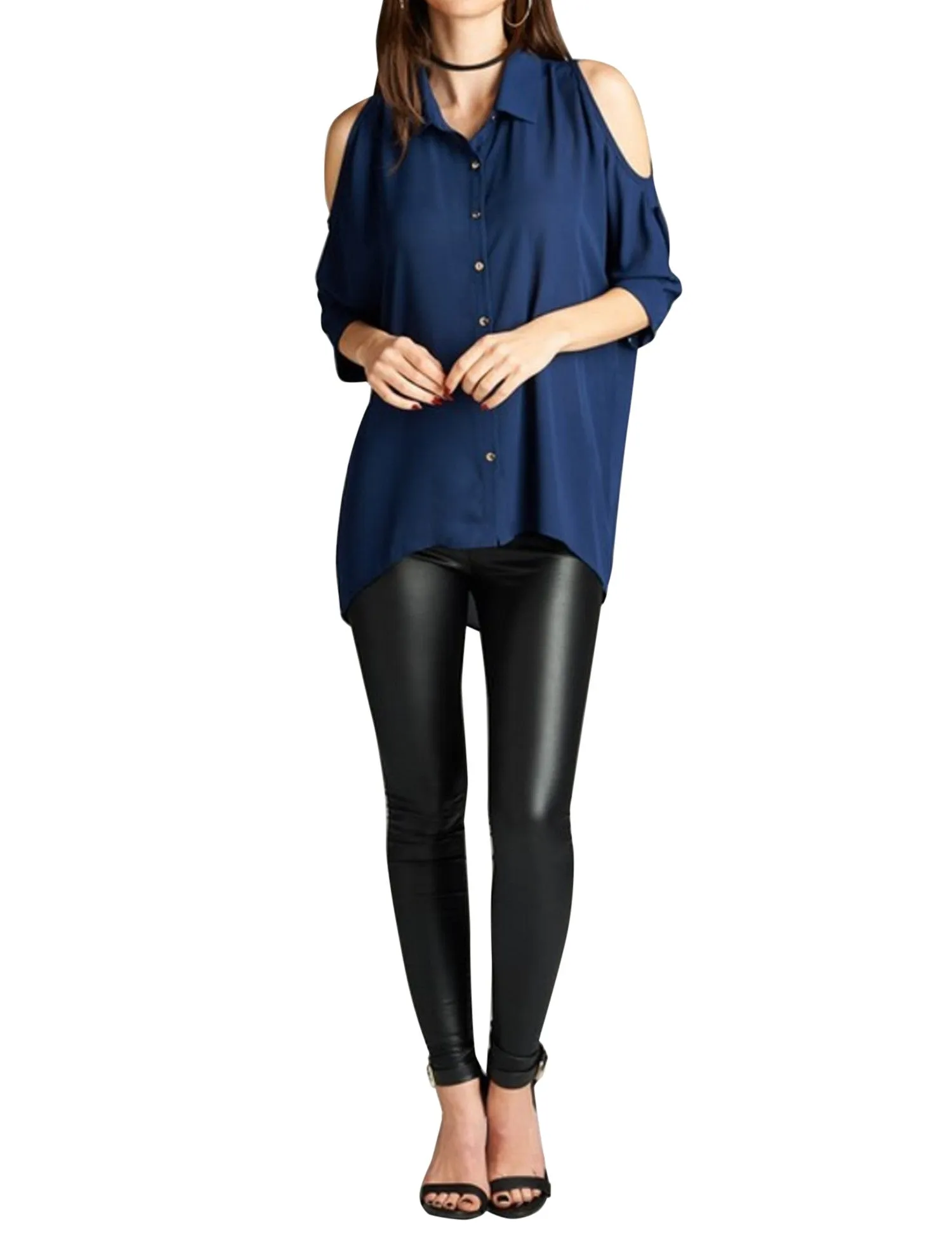 3/4 Sleeve Collar Button Down Cold Shoulder Chiffon Blouse Shirts