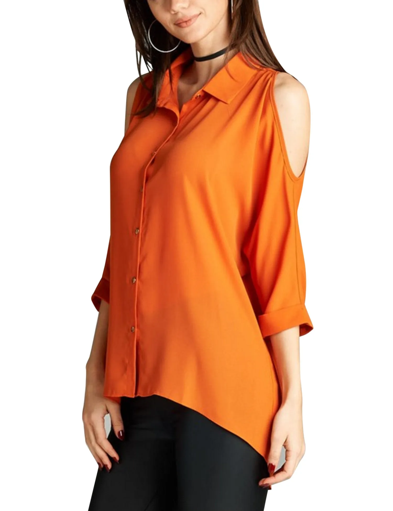 3/4 Sleeve Collar Button Down Cold Shoulder Chiffon Blouse Shirts