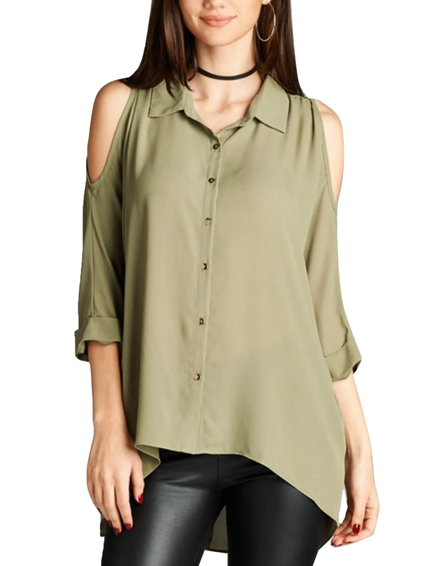 3/4 Sleeve Collar Button Down Cold Shoulder Chiffon Blouse Shirts