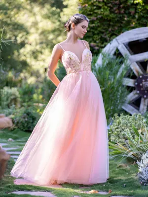 A-line Deep V Neckline Applique Tulle Prom Dress