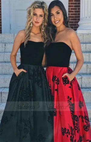 A-Line Strapless Black Satin Prom Dress with pocket