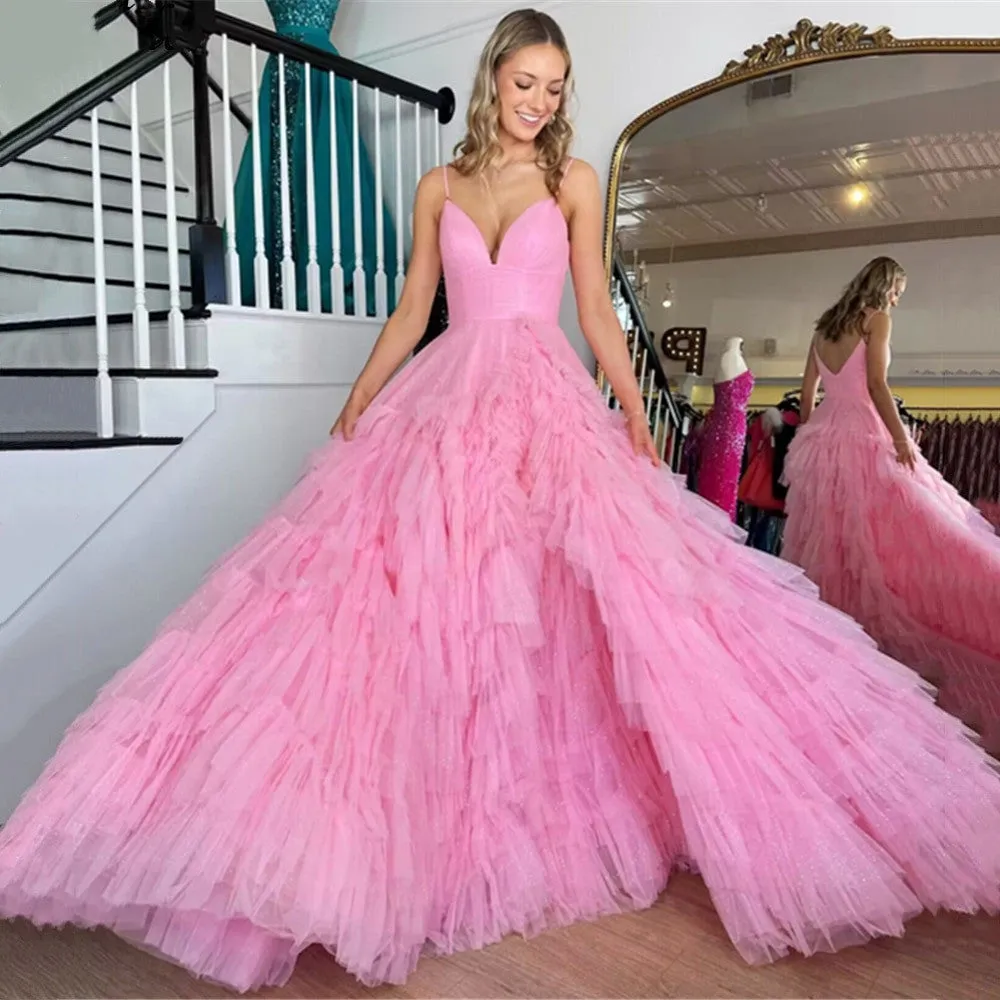 Alianna |A-Line Spaghetti Straps Tiered Tulle Prom Dress