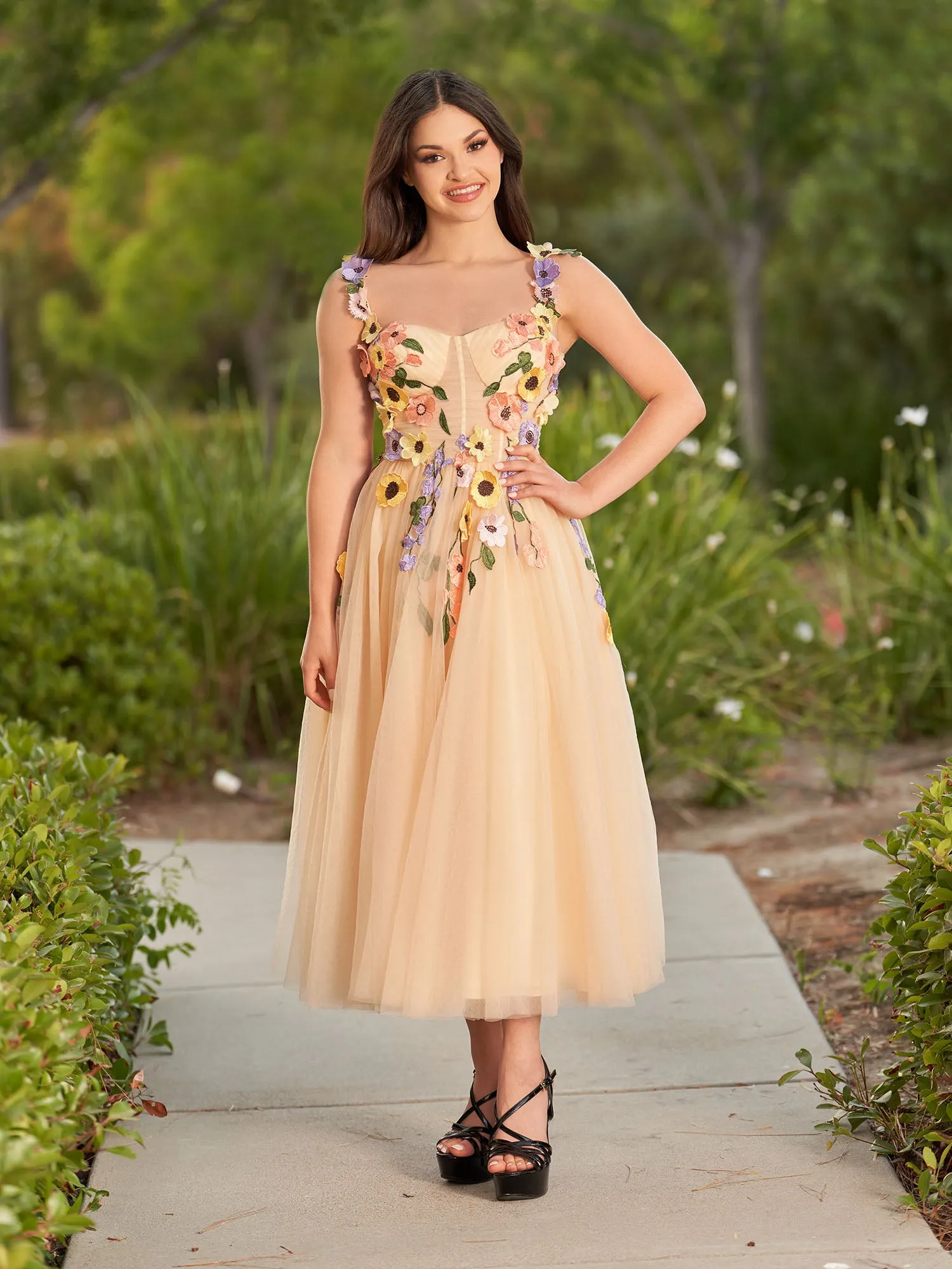 Amabel | 3D Flower Tulle Ankle Length Prom Dresses