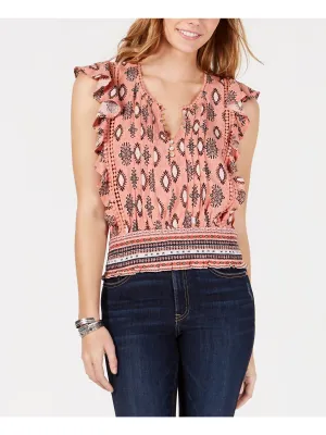 AMERICAN RAG Womens Pleated Printed Flutter Sleeve Scoop Neck Blouse