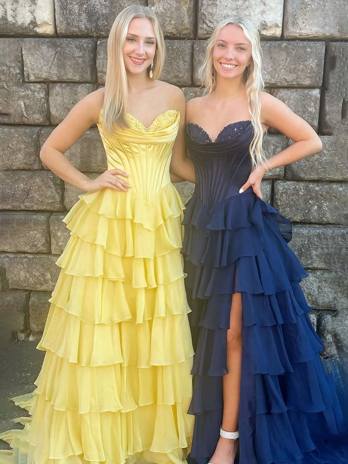 Ardea |Yellow Strapless A-Line Ruffle Long Prom Dress With Split