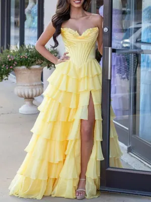 Ardea |Yellow Strapless A-Line Ruffle Long Prom Dress With Split