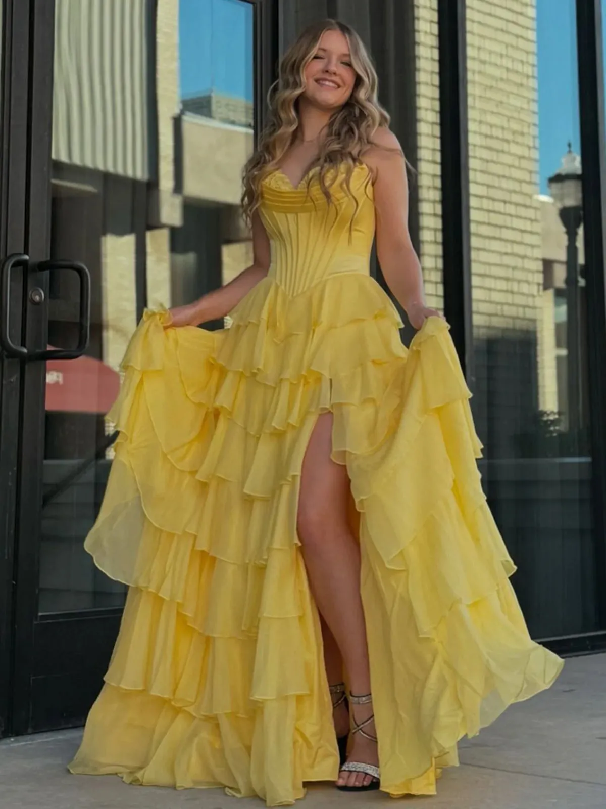 Ardea |Yellow Strapless A-Line Ruffle Long Prom Dress With Split