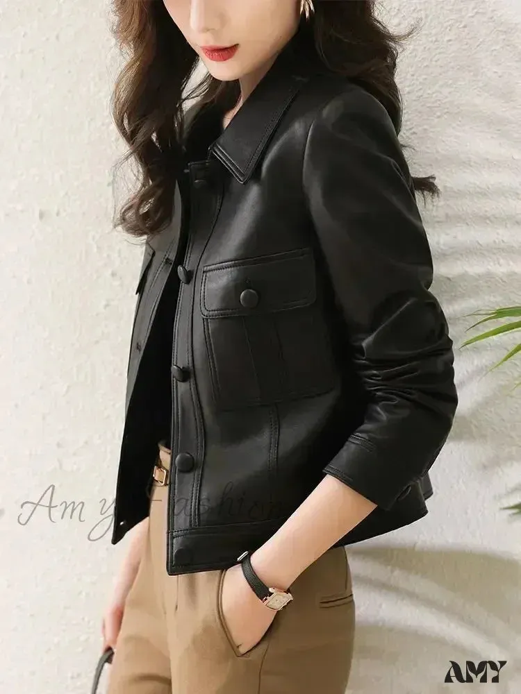 Autumn Winter Leather Lapel Fashion Cool Cardigan Long Sleeve Short Jacket