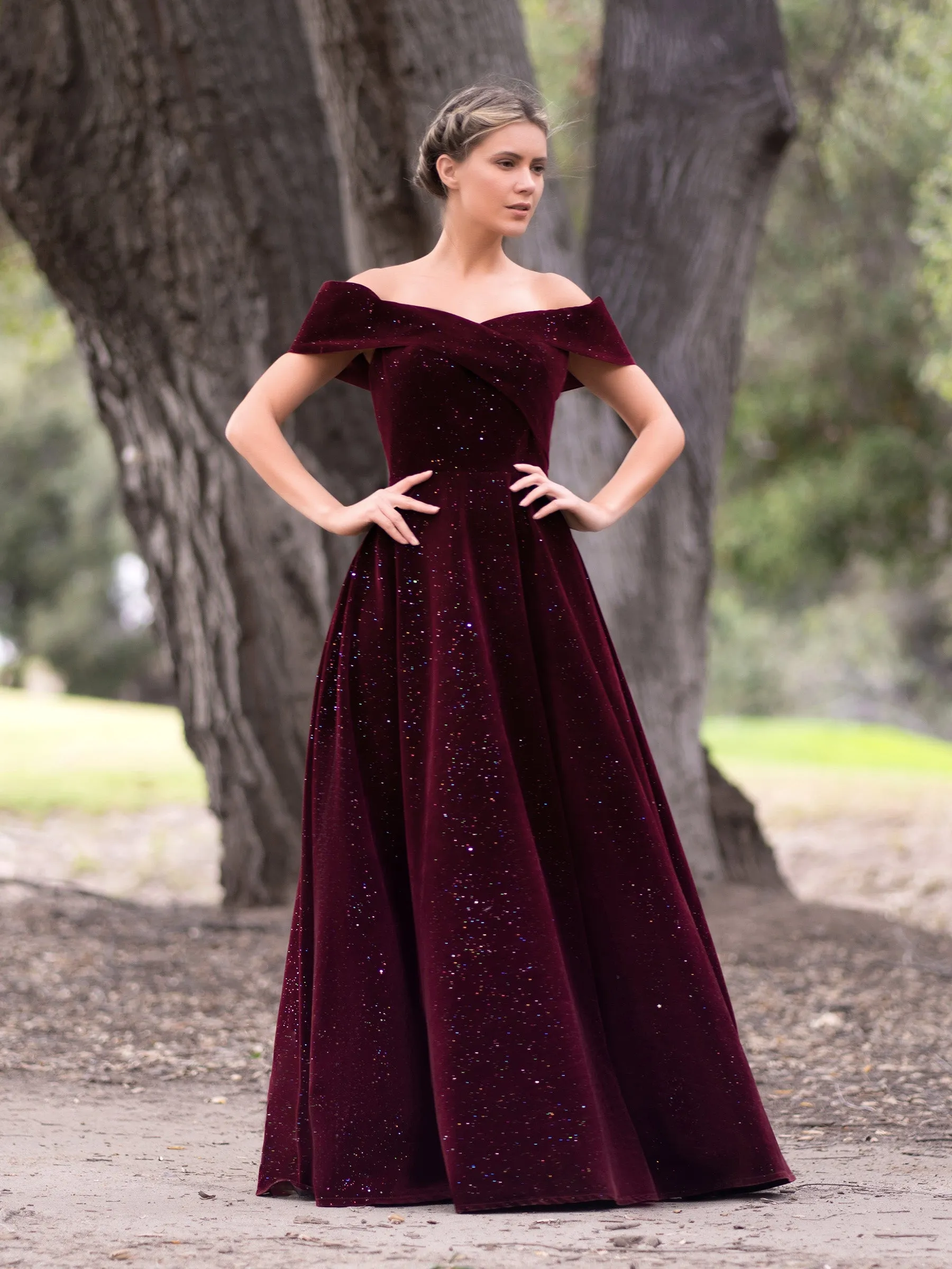 Bateau Neckline Velvet Floor Length Prom Dress