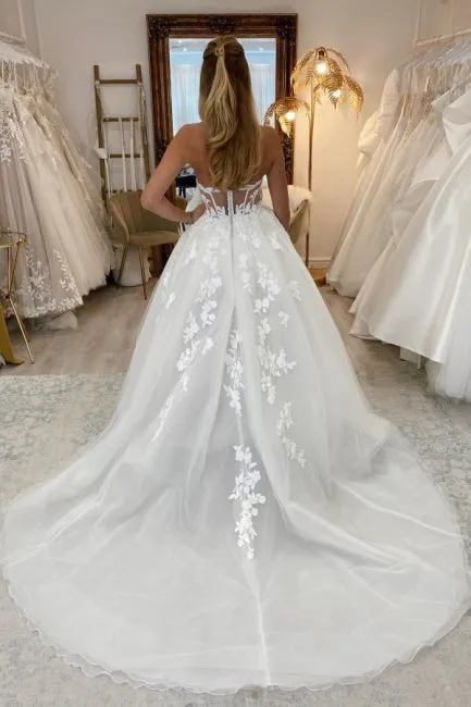 Beautiful Long A-line Sleeveless Split Wedding Dresses With Lace