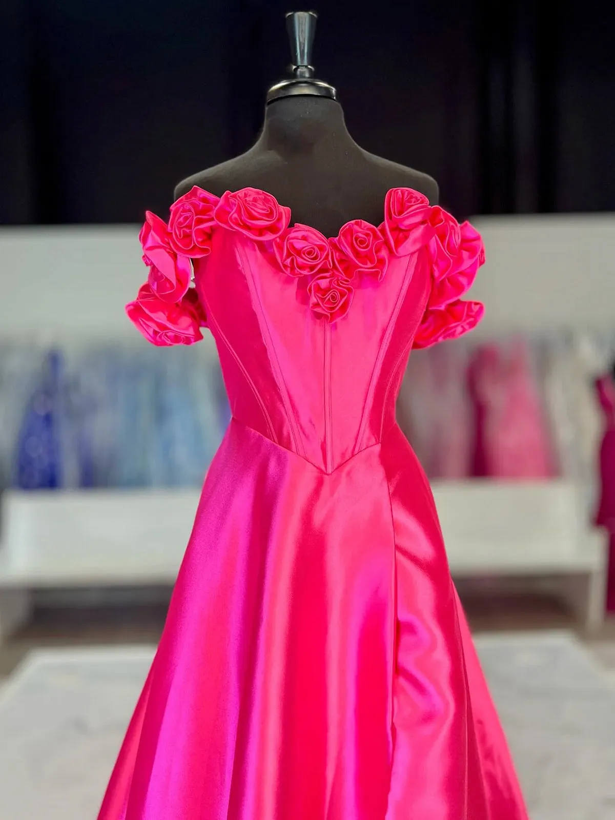 Benson | Fuchsia Off the Shoulder Corset Bodice A-Line Prom Dress