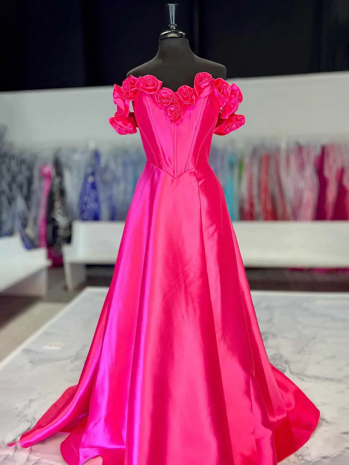 Benson | Fuchsia Off the Shoulder Corset Bodice A-Line Prom Dress