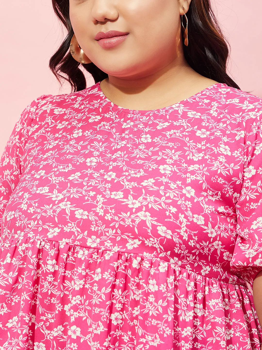 Berrylush Women Plus Size Pink & White Floral Printed Round Neck Button-Up Crepe Pleated Regular Top