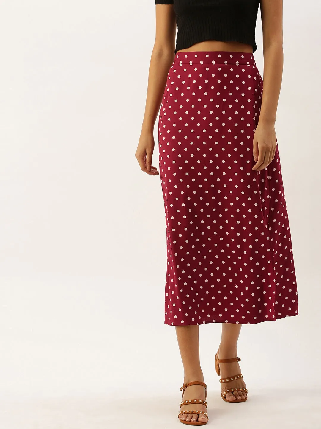 Berrylush Women Red & White Polka Dot Printed Midi Skirt