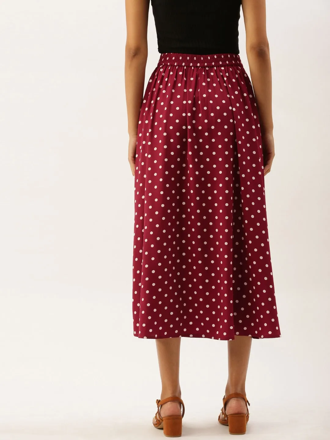 Berrylush Women Red & White Polka Dot Printed Midi Skirt