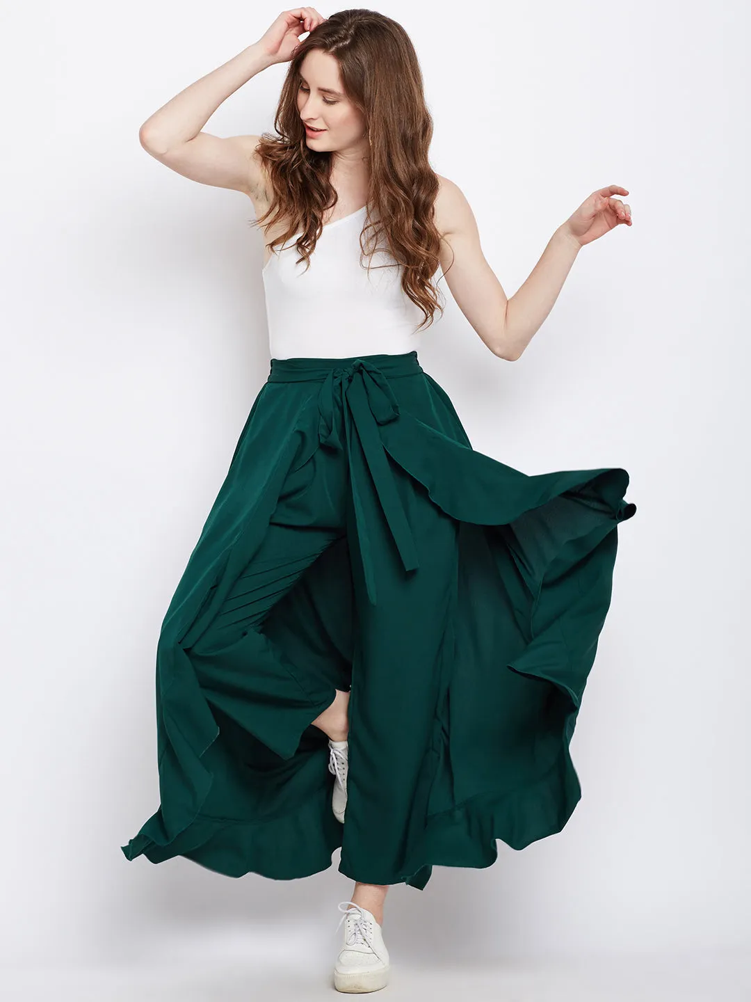 Berrylush Women Solid Green Waist Tie-Up Ruffled Maxi Skirt with Attached Trousers