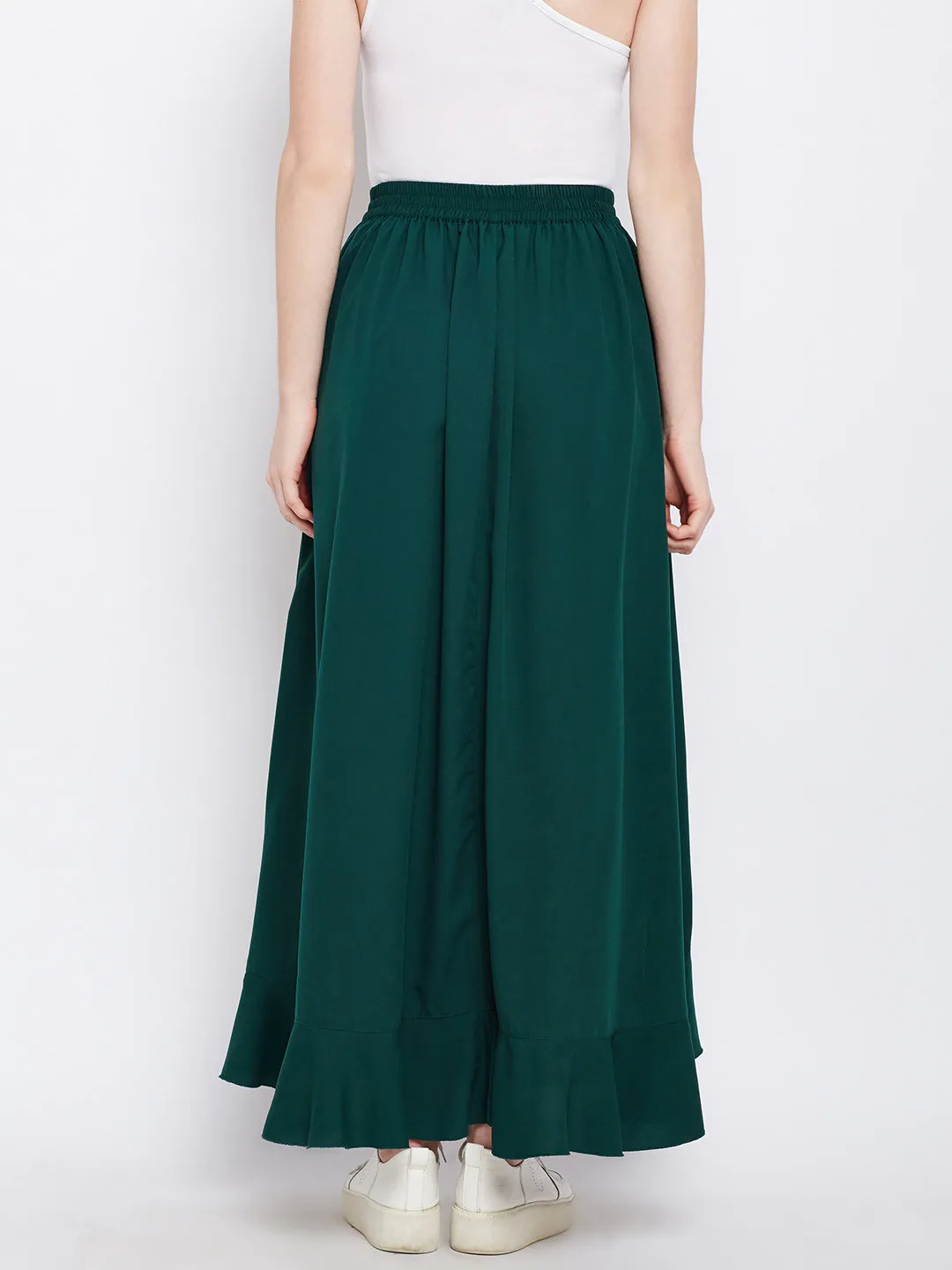 Berrylush Women Solid Green Waist Tie-Up Ruffled Maxi Skirt with Attached Trousers