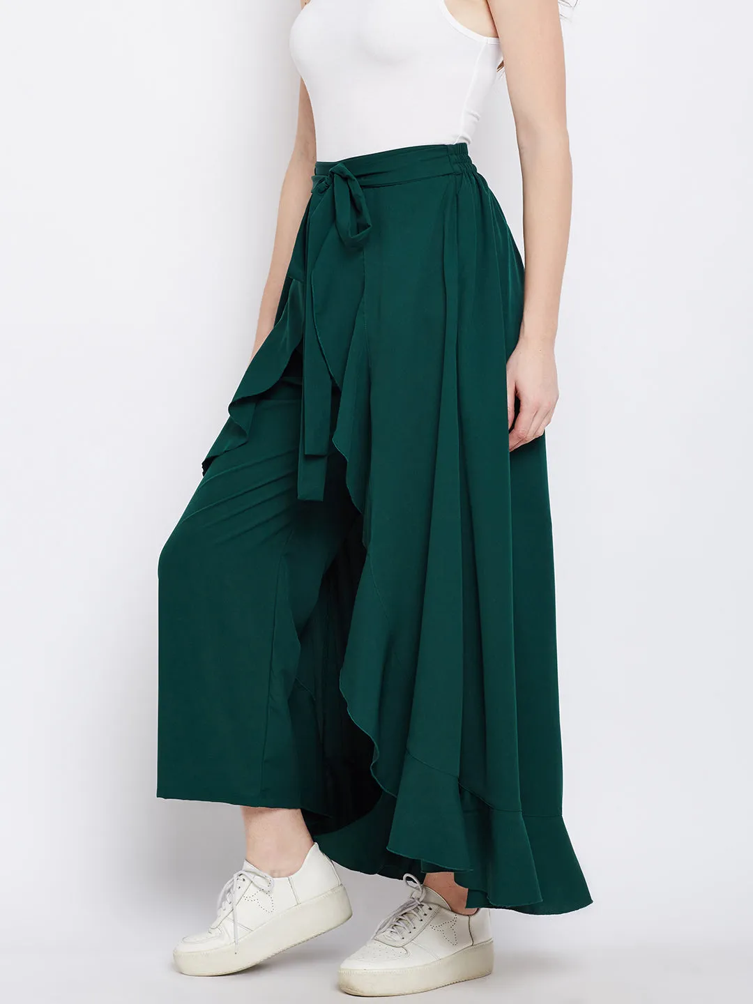 Berrylush Women Solid Green Waist Tie-Up Ruffled Maxi Skirt with Attached Trousers