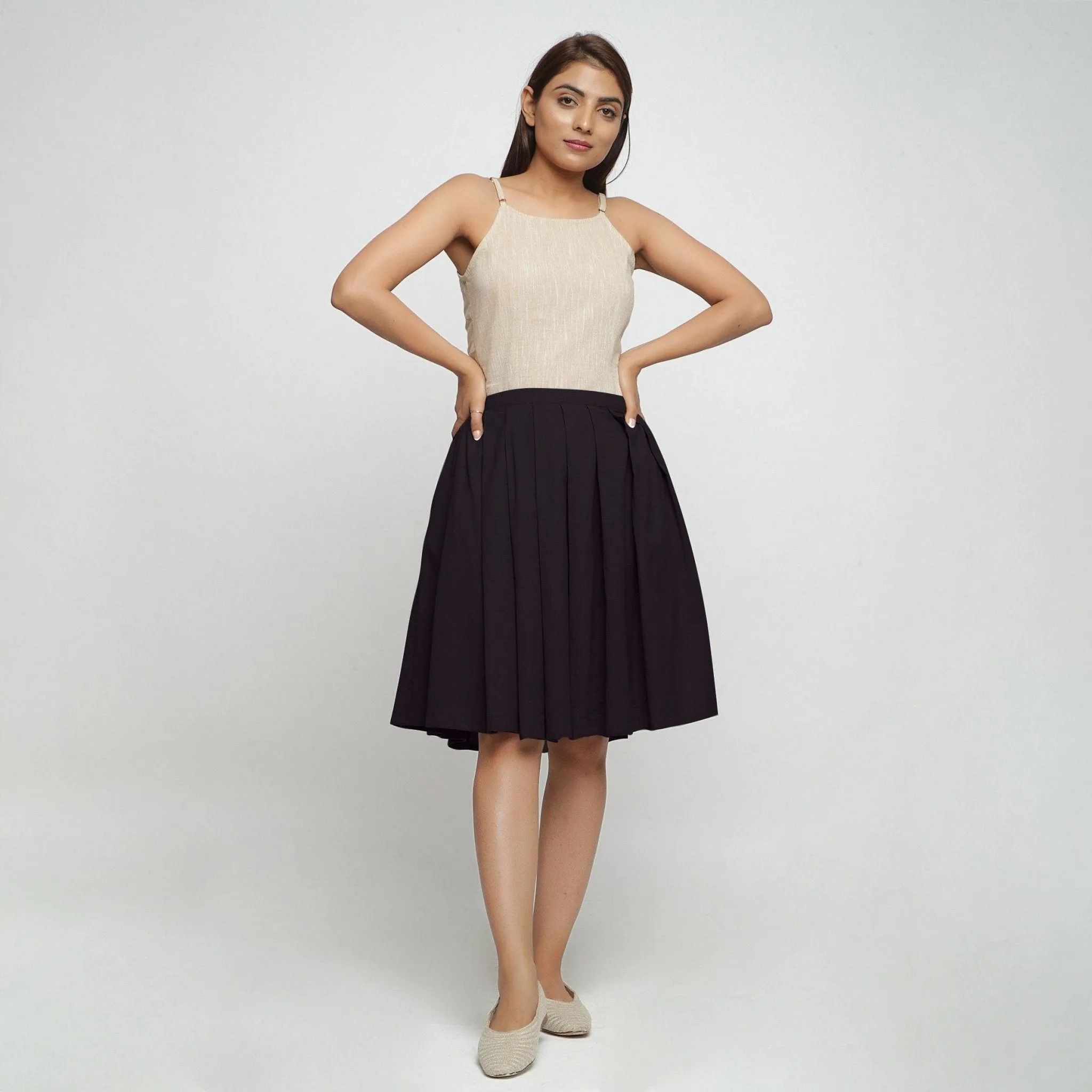 Black Cotton Flax Pleated Knee Length Skirt