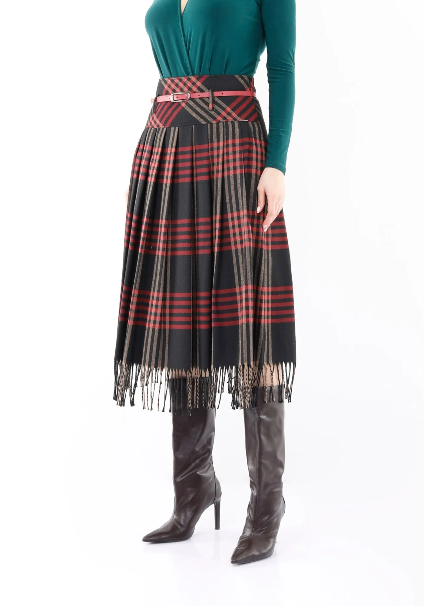 Black Plaid Pleated Tassel Tartan Midi Skirt - G-Line