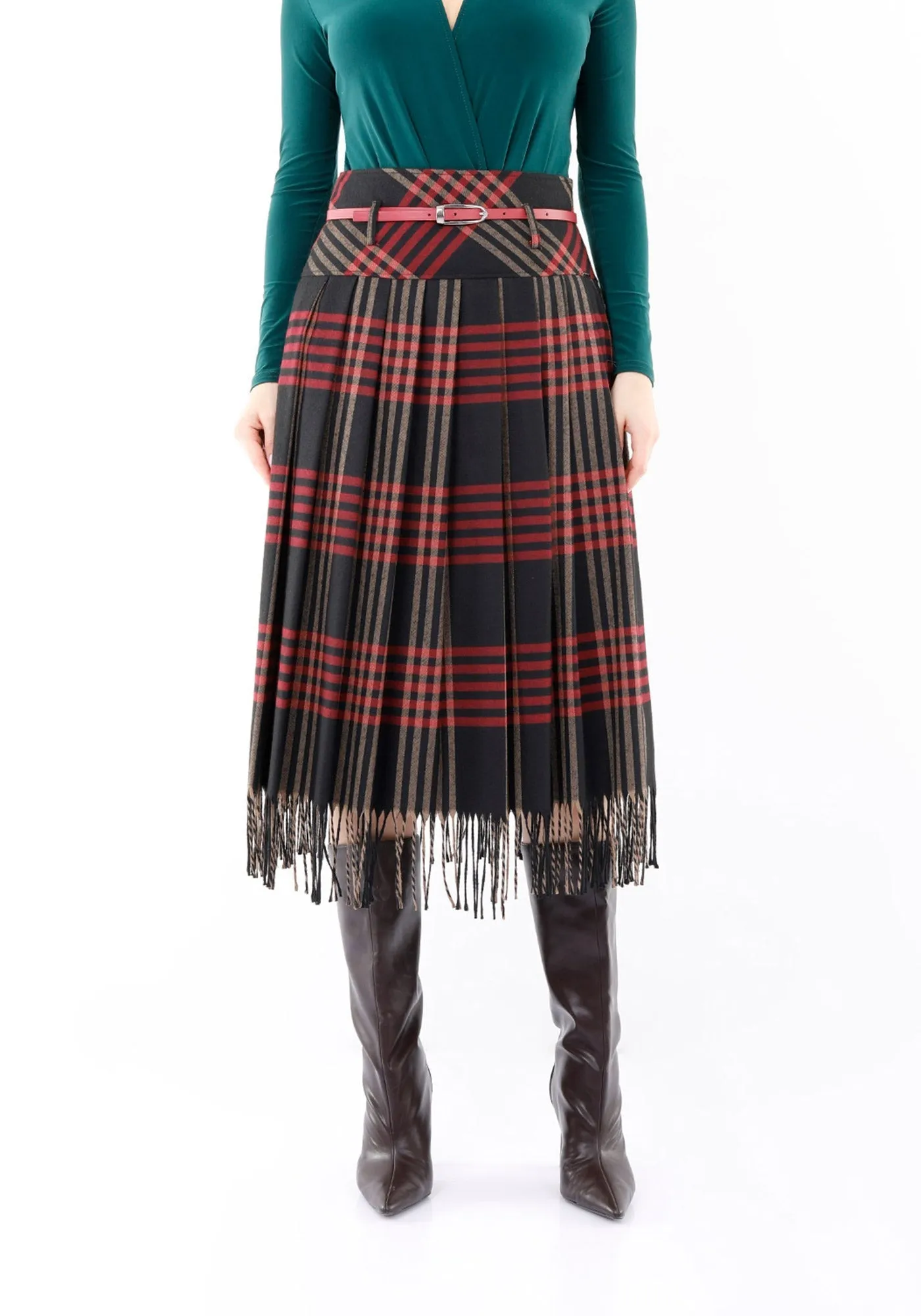 Black Plaid Pleated Tassel Tartan Midi Skirt - G-Line