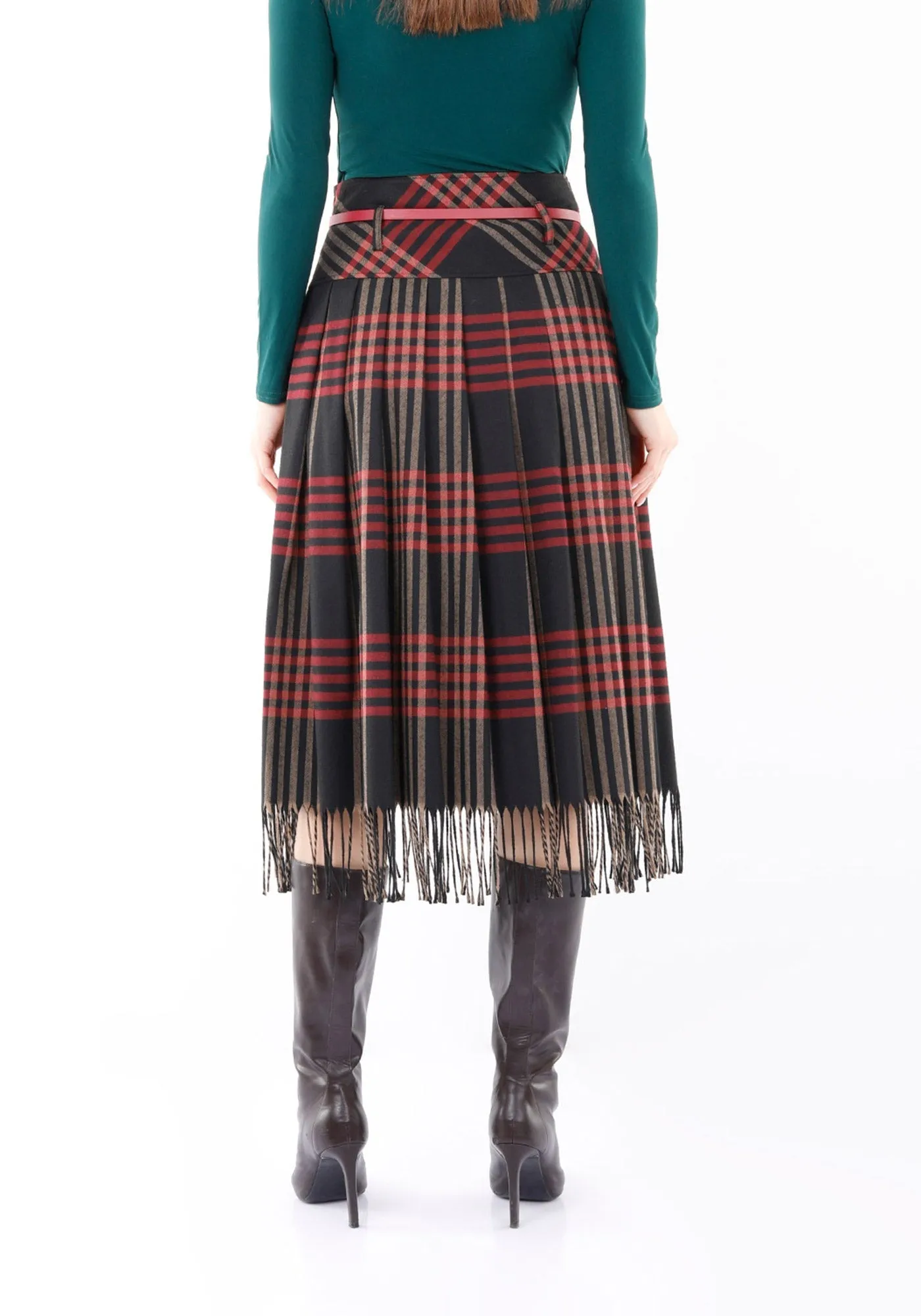 Black Plaid Pleated Tassel Tartan Midi Skirt - G-Line