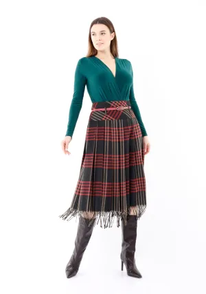 Black Plaid Pleated Tassel Tartan Midi Skirt - G-Line