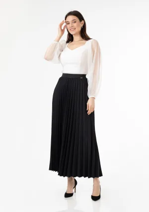 Black Pleated Maxi Skirt Elastic Waist Band Ankle Length Plisse Skirt - G-Line