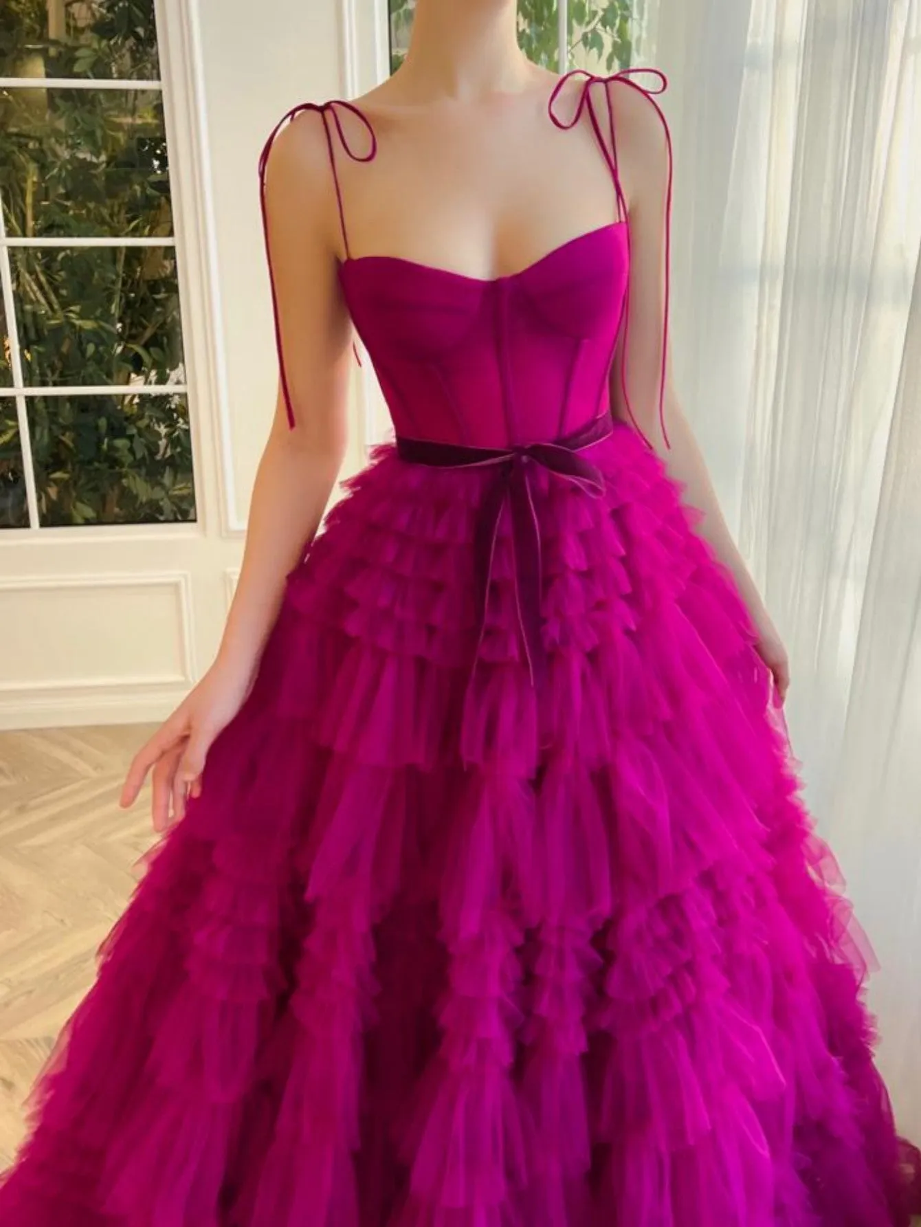 Blair |A Line Strapless Fuchsia Tiered Long Tulle Prom Dress