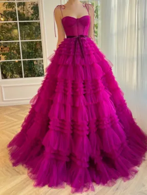 Blair |A Line Strapless Fuchsia Tiered Long Tulle Prom Dress