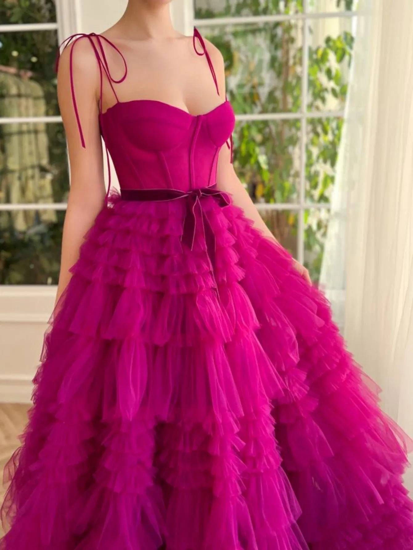 Blair |A Line Strapless Fuchsia Tiered Long Tulle Prom Dress