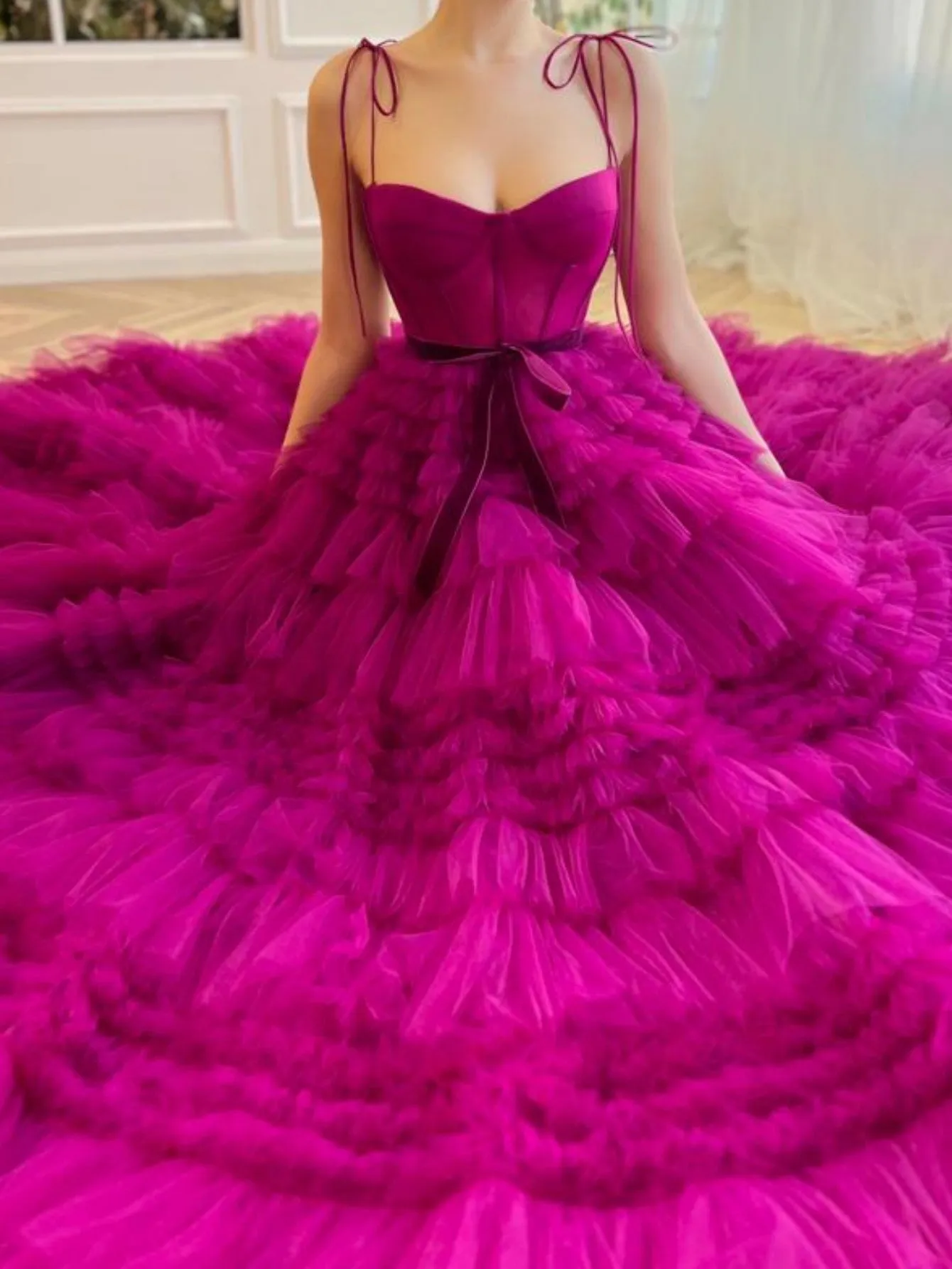 Blair |A Line Strapless Fuchsia Tiered Long Tulle Prom Dress