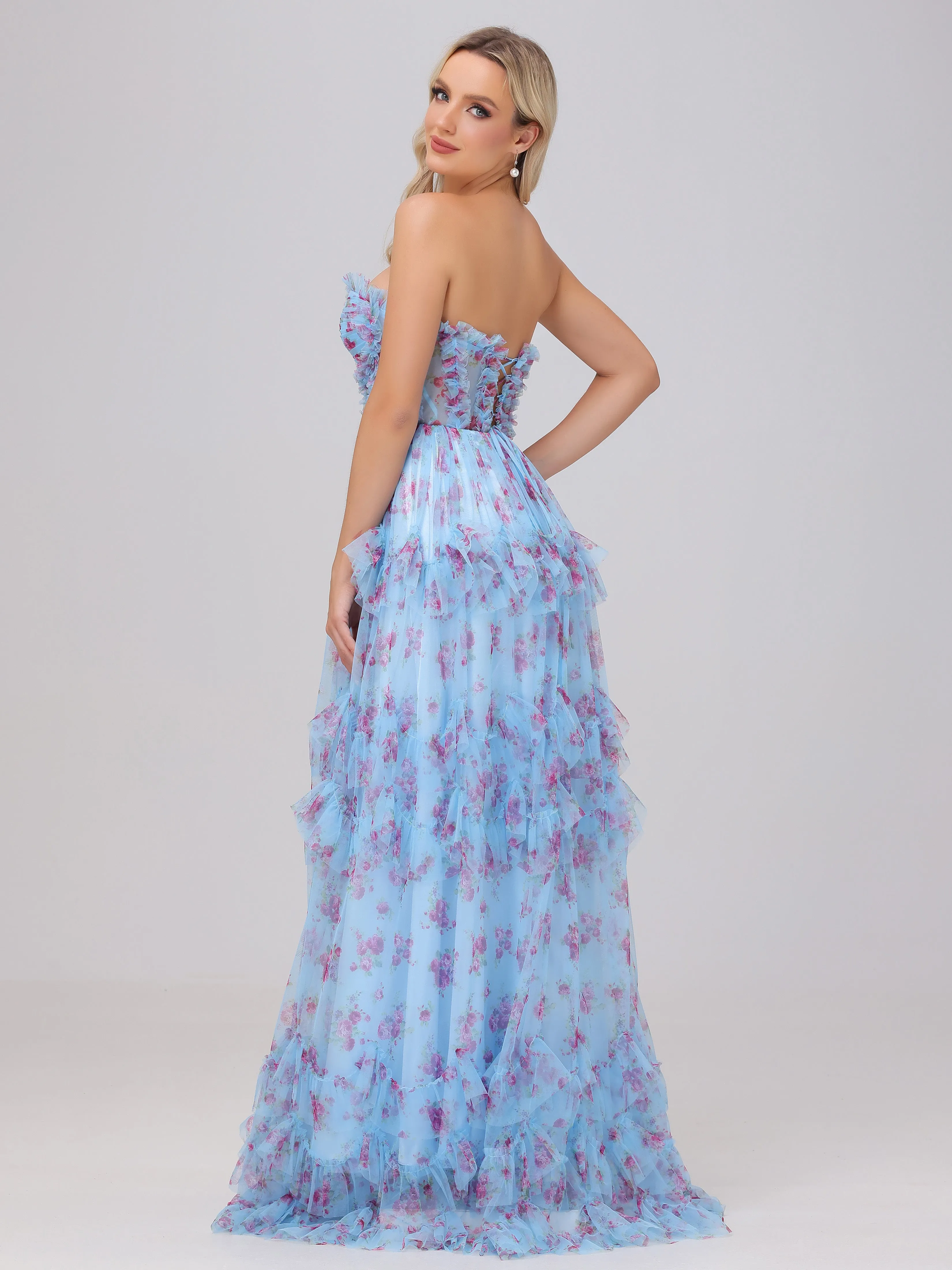 Blue A-Line Strapless Tulle Floral Bridesmaid Dresses