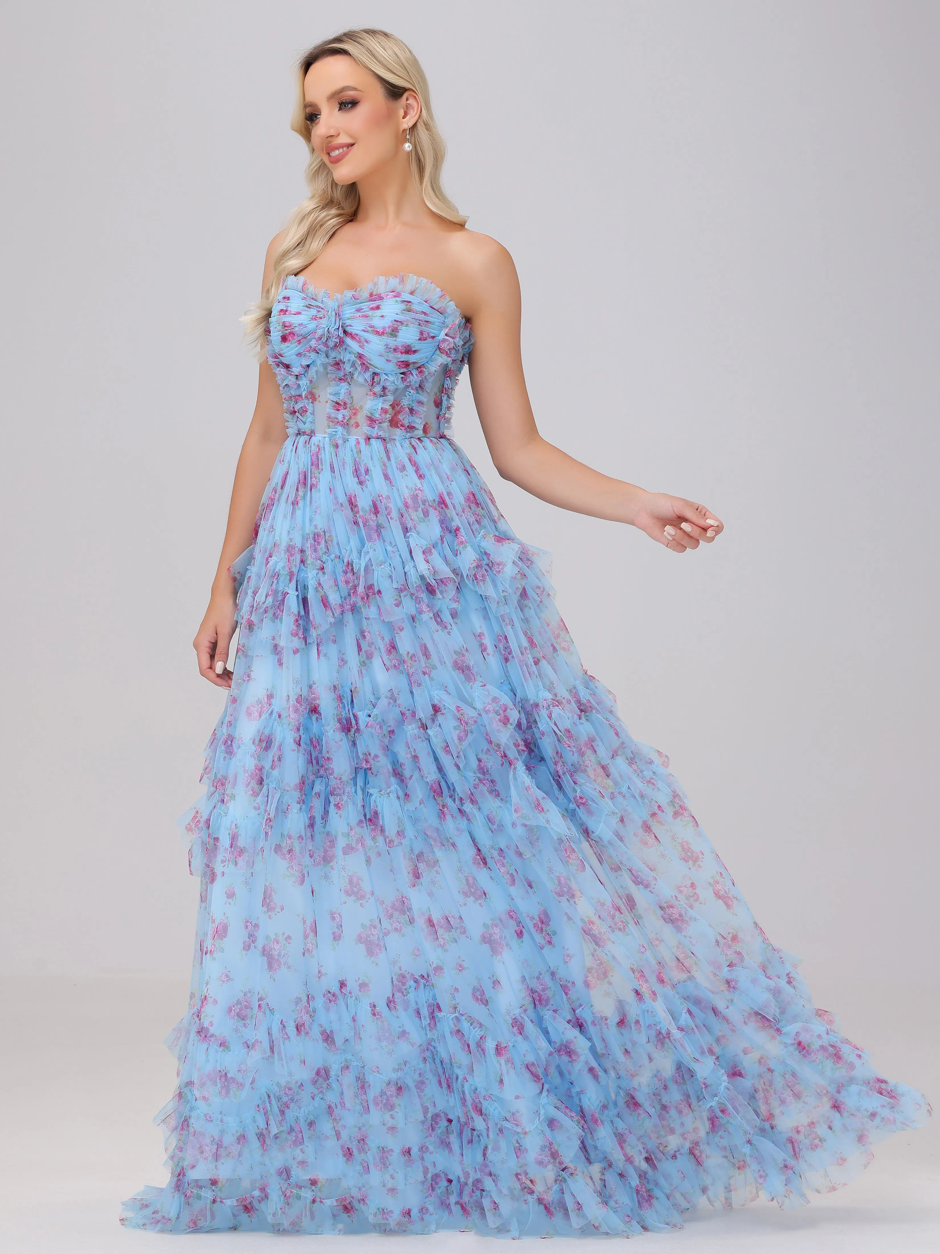 Blue A-Line Strapless Tulle Floral Bridesmaid Dresses