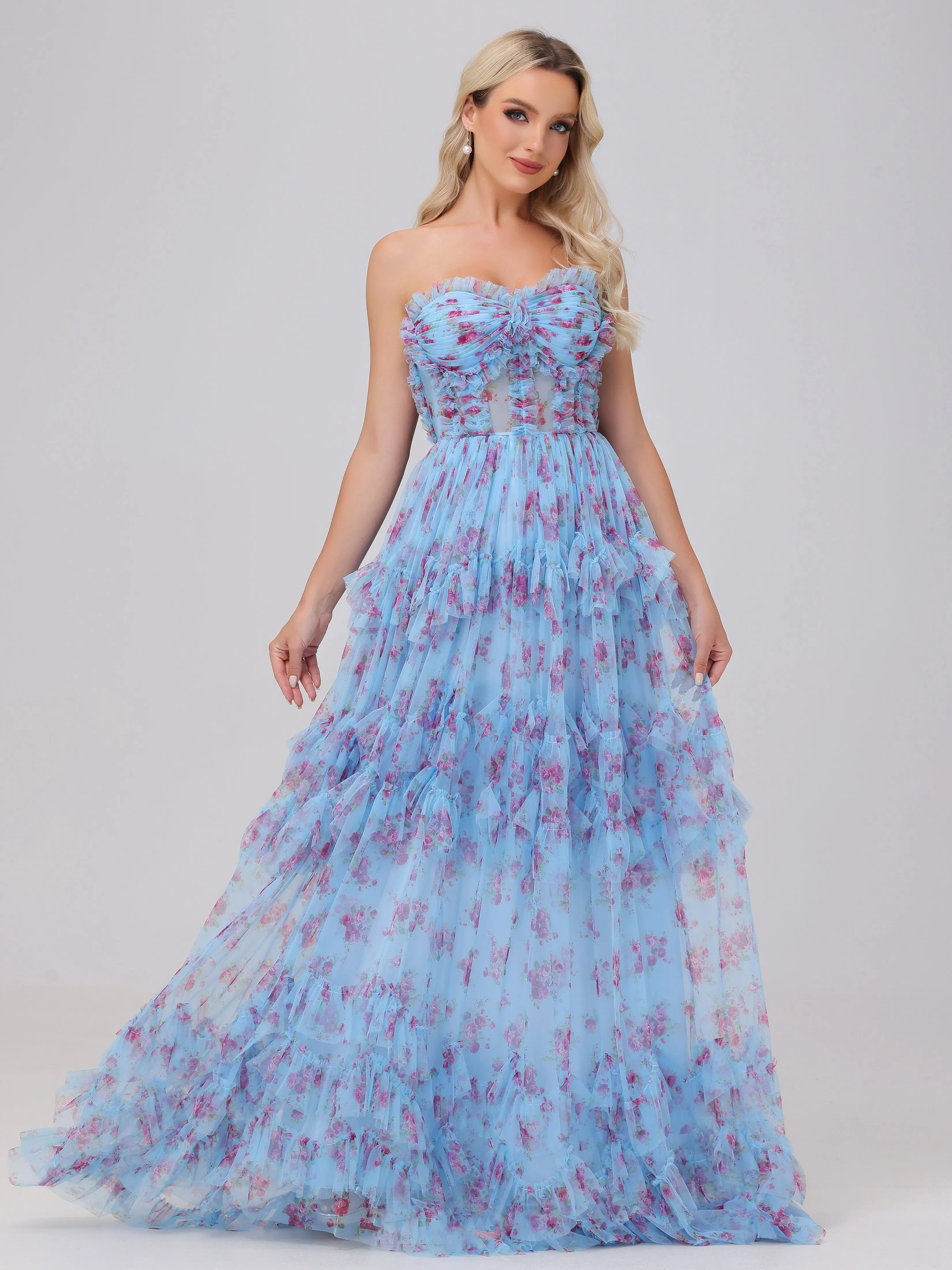 Blue A-Line Strapless Tulle Floral Bridesmaid Dresses