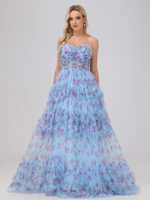 Blue A-Line Strapless Tulle Floral Bridesmaid Dresses