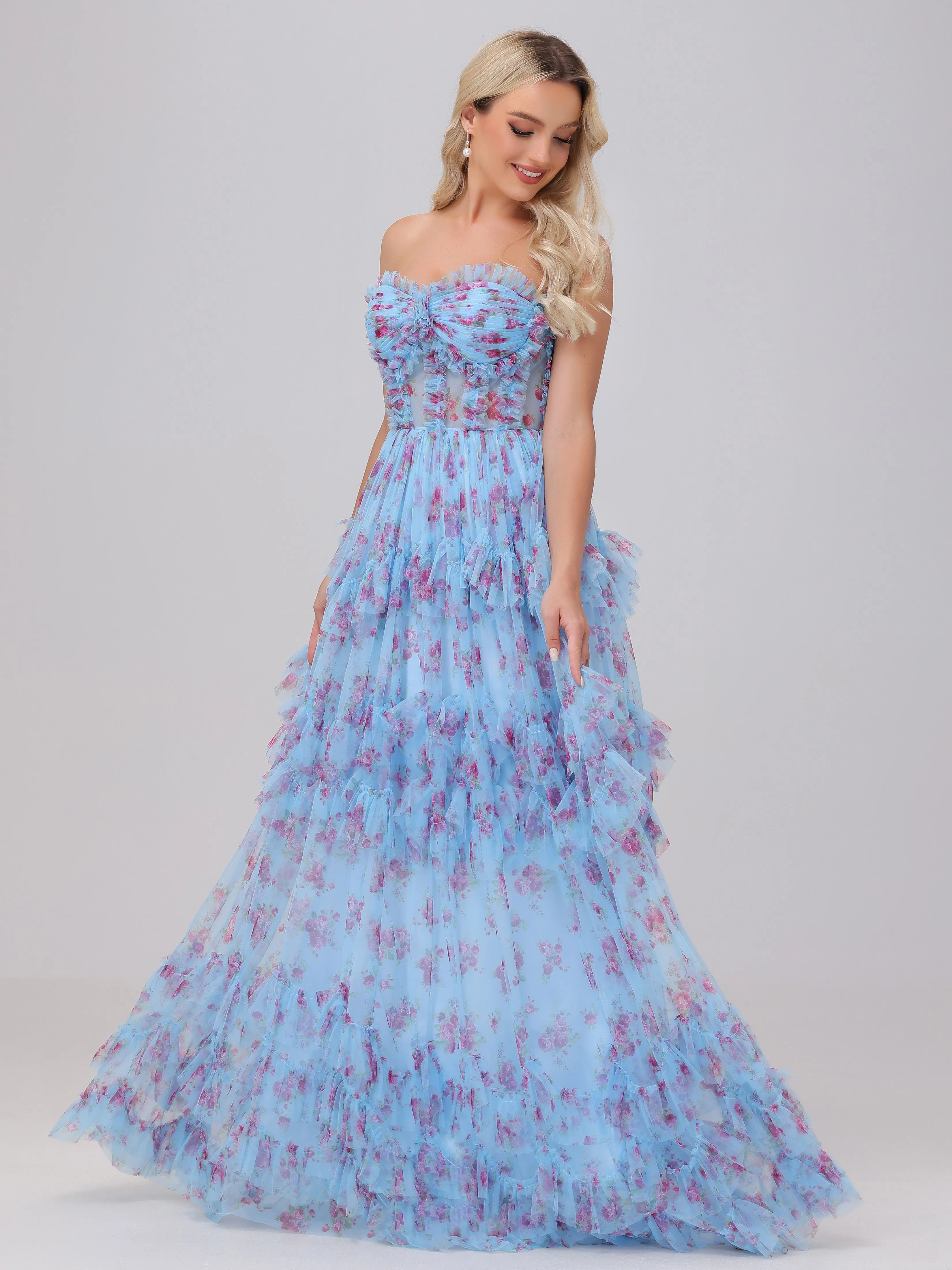 Blue A-Line Strapless Tulle Floral Bridesmaid Dresses