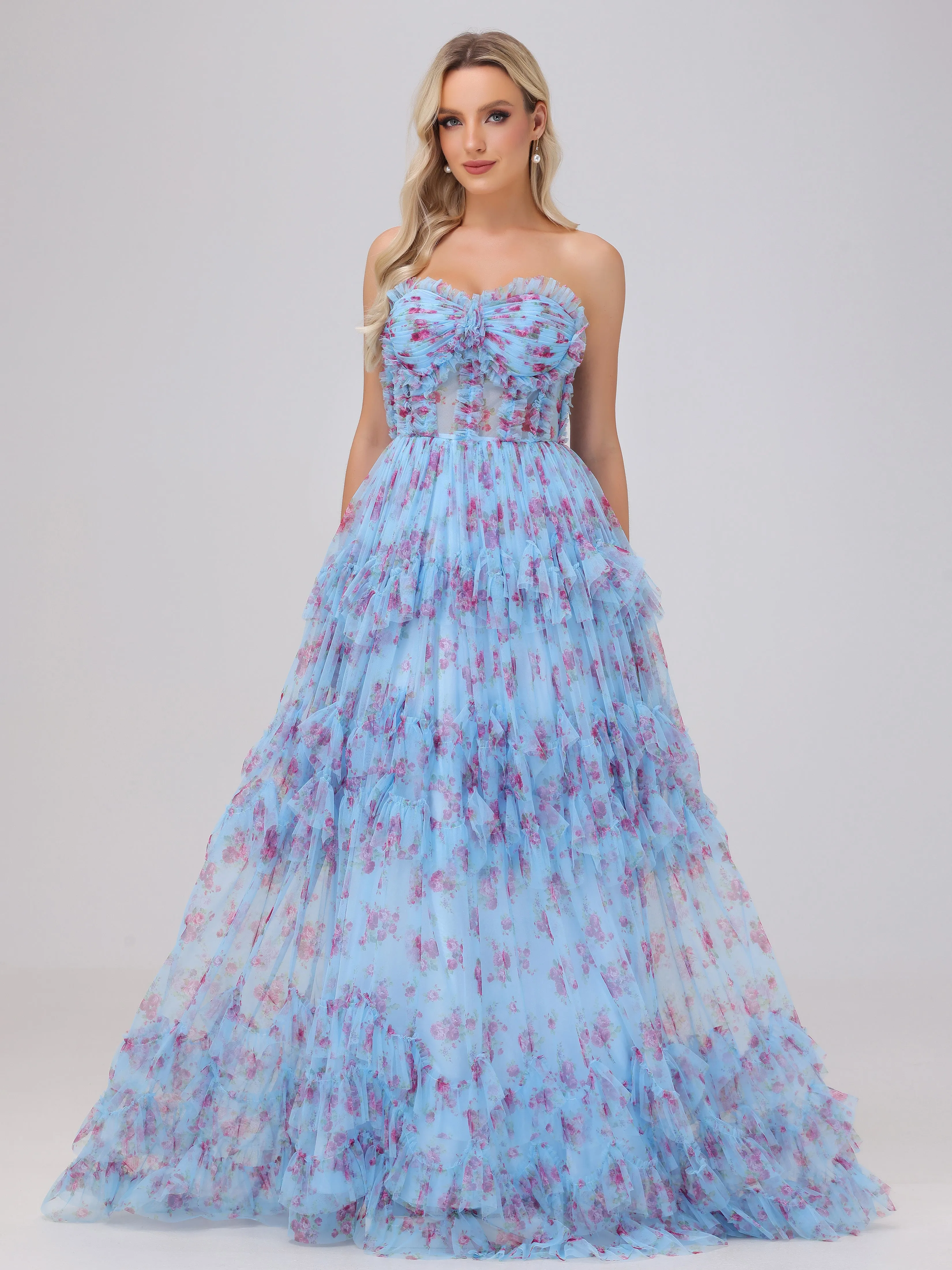 Blue A-Line Strapless Tulle Floral Bridesmaid Dresses