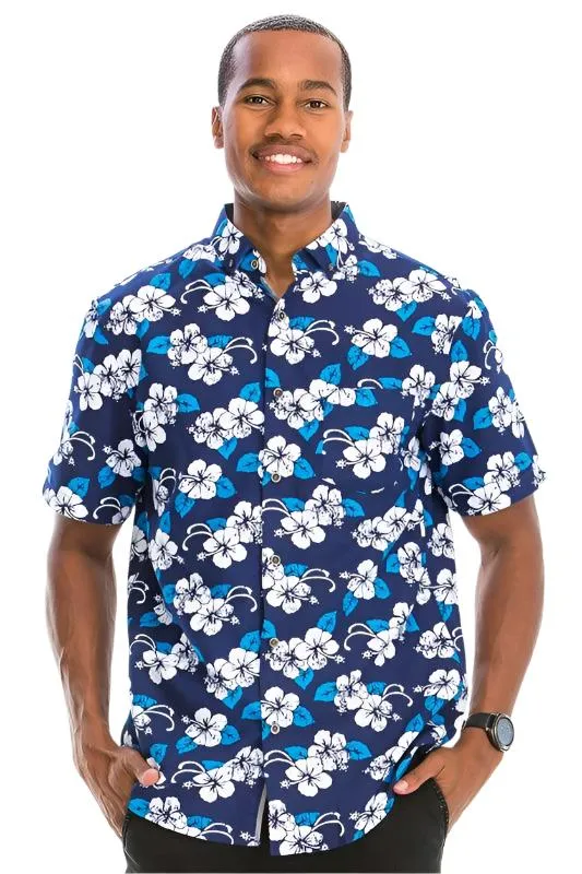 Blue Multi Print Hawaiian Button Down Shirt