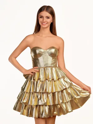 Bonny | A-Line Sweetheart Gold Metallic Ruffle Homecoming Dress