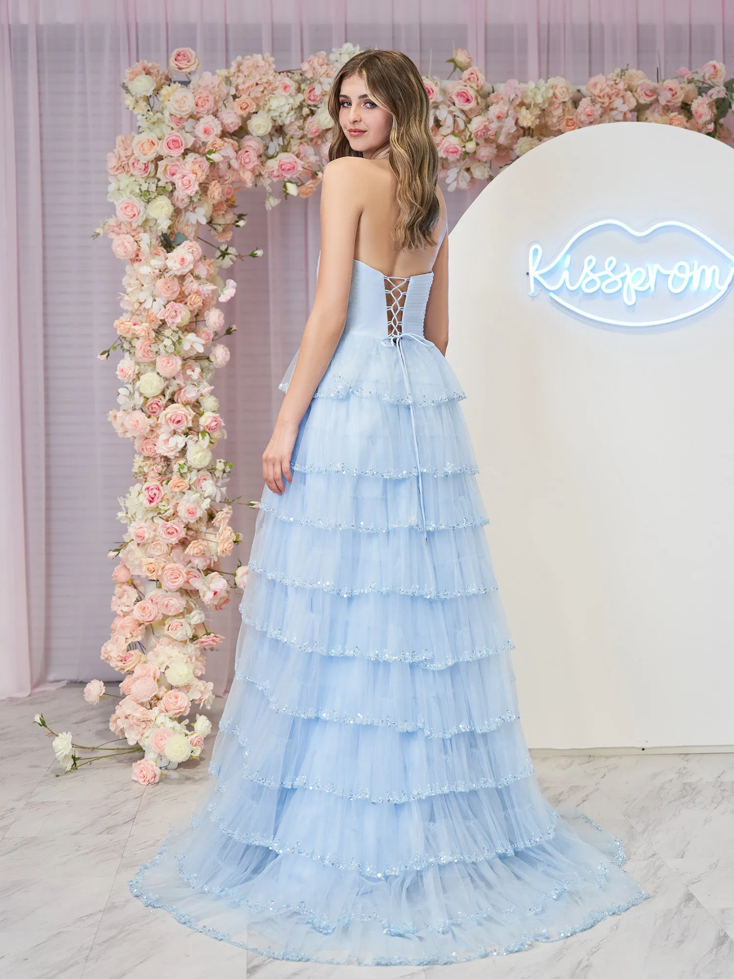 Braelyn | Light Blue Strapless Layered Tulle Prom Dress with Sequins