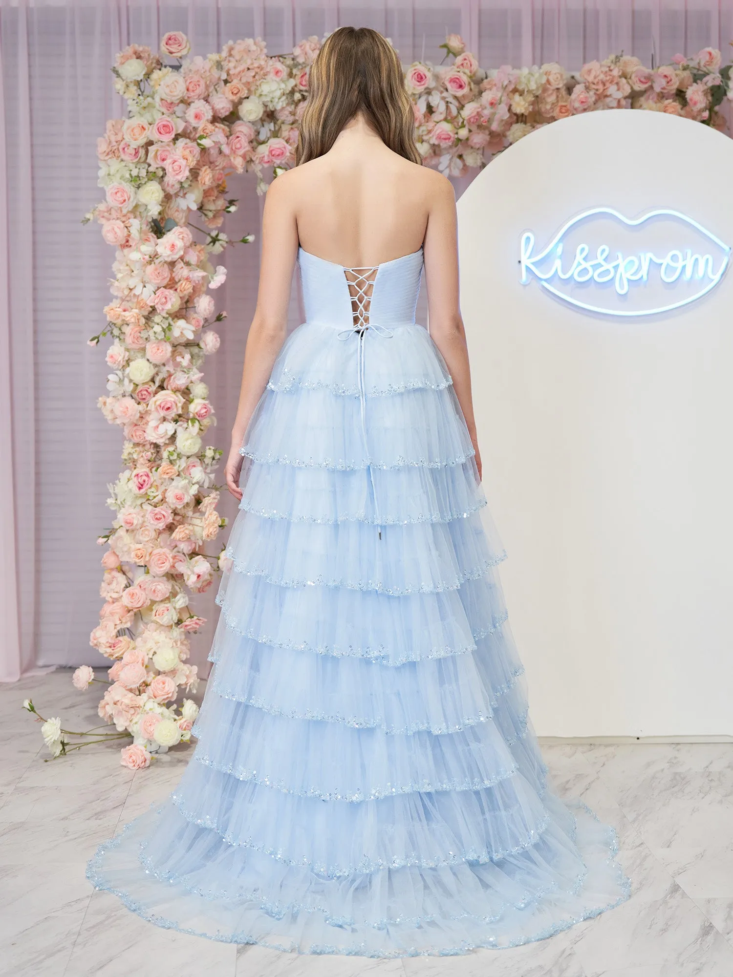 Braelyn | Light Blue Strapless Layered Tulle Prom Dress with Sequins