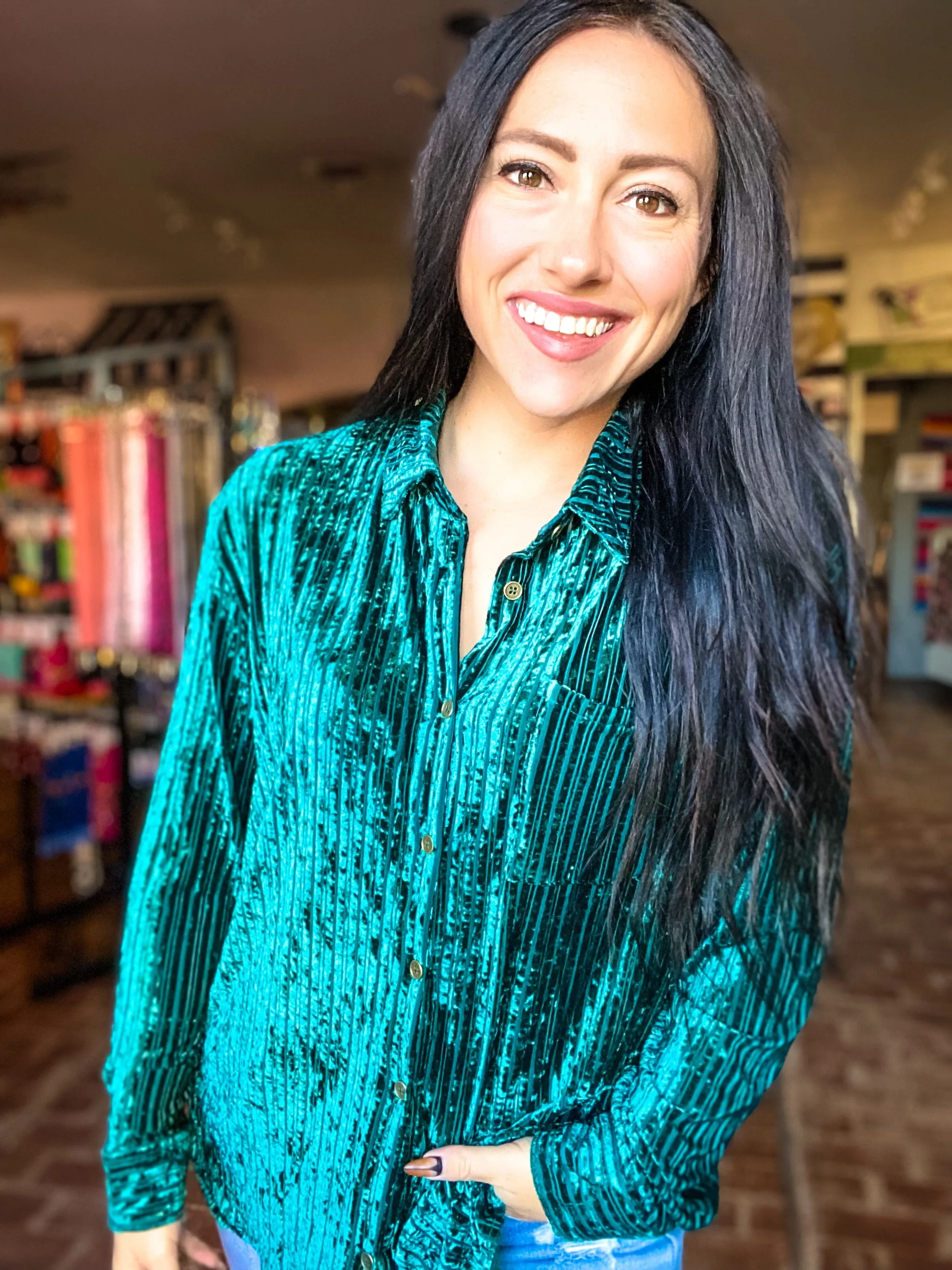 Bri Velvet Stripe Button Down- Dark Teal