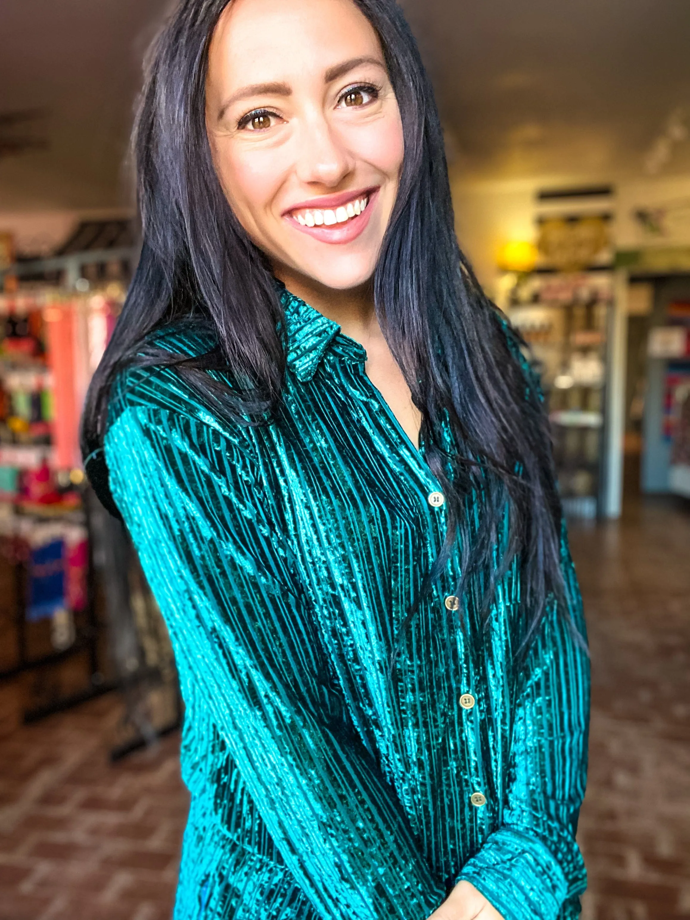 Bri Velvet Stripe Button Down- Dark Teal