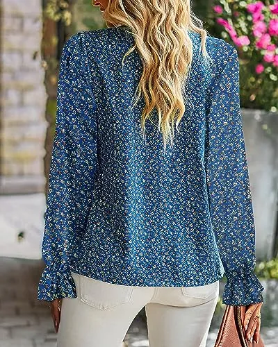 BTFBM Womens Long Sleeve Blouses Casual Boho Tops Frill Trim Mock Neck Floral Print 2024 Summer Fall Shirts Blouse Top(Floral Blue, Small)