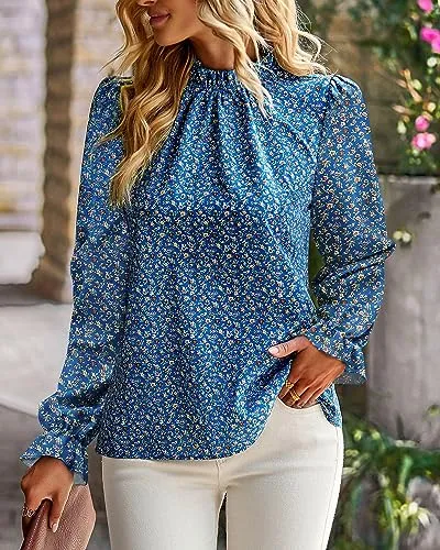 BTFBM Womens Long Sleeve Blouses Casual Boho Tops Frill Trim Mock Neck Floral Print 2024 Summer Fall Shirts Blouse Top(Floral Blue, Small)