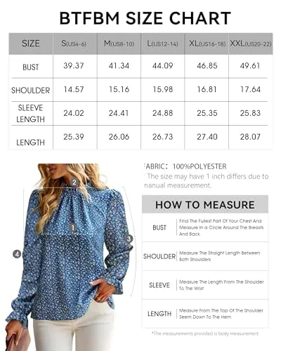 BTFBM Womens Long Sleeve Blouses Casual Boho Tops Frill Trim Mock Neck Floral Print 2024 Summer Fall Shirts Blouse Top(Floral Blue, Small)