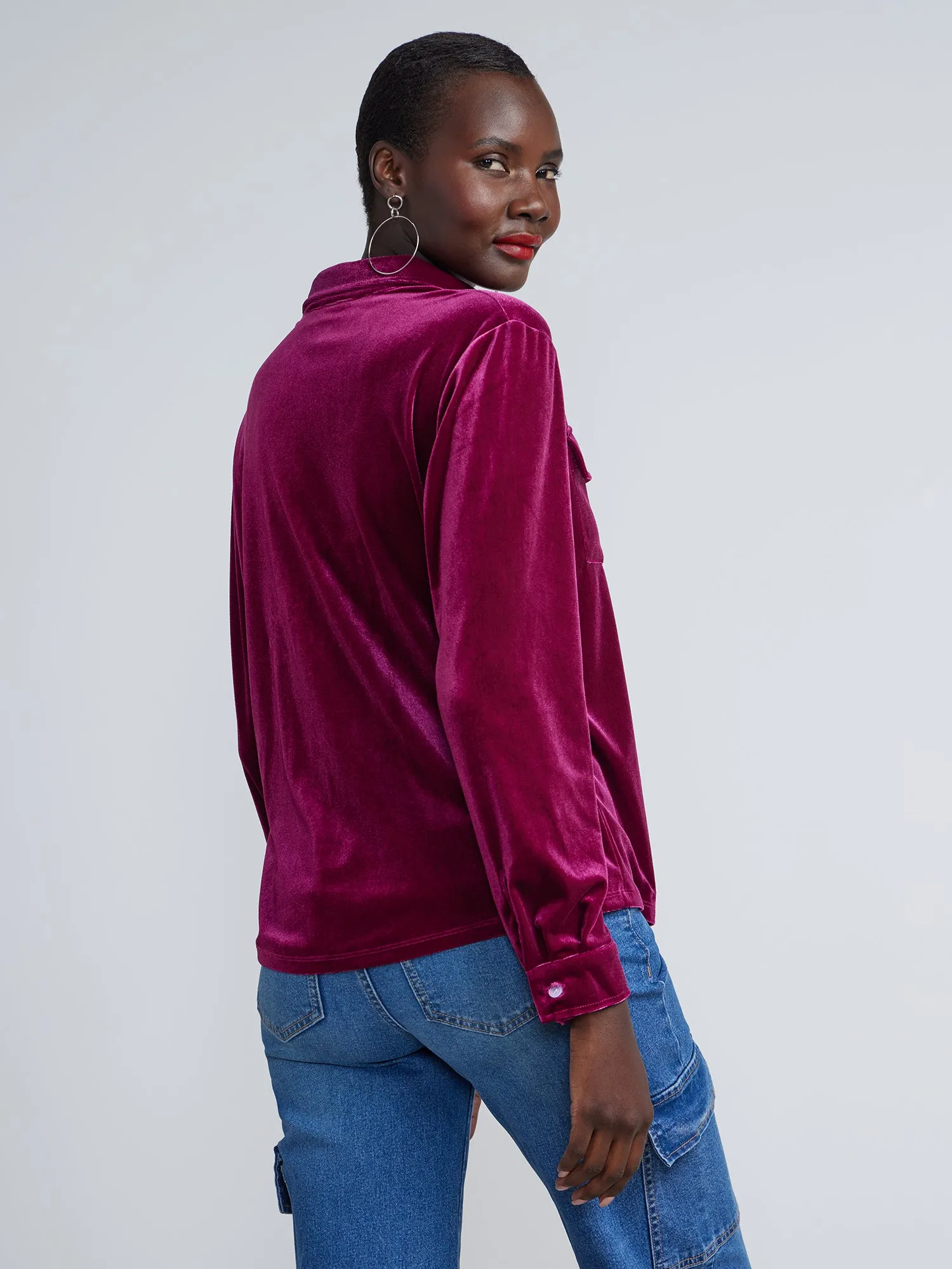 Button-Front Full Sleeve Velvet Shirt